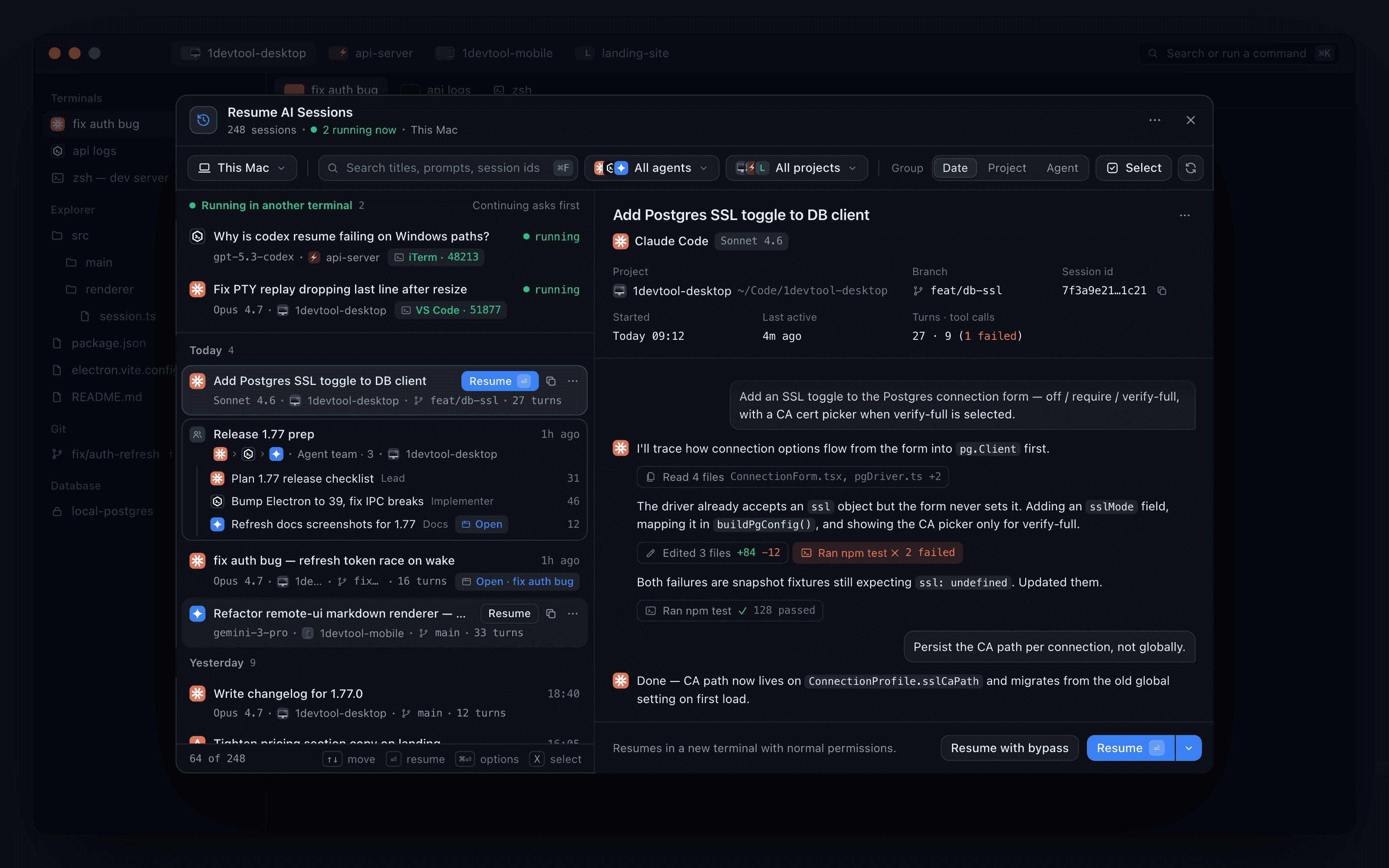 Read a session before you resume it: the new Resume AI Sessions
