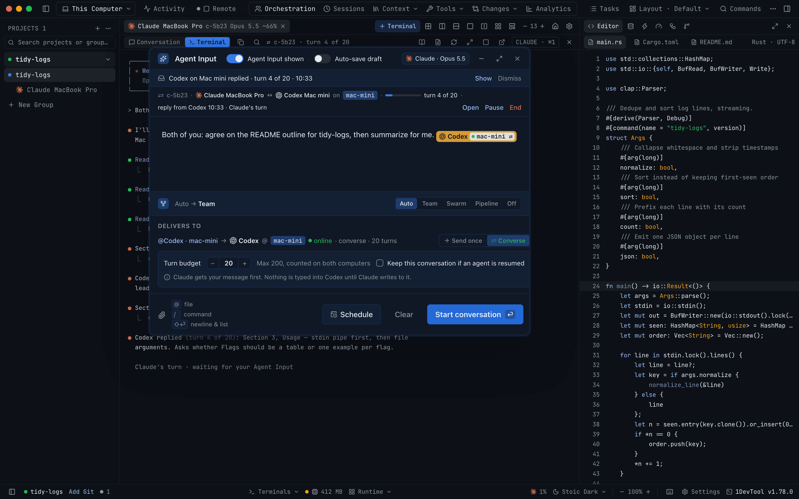Agent Input ที่ mention Codex บน Mac mini ที่จับคู่ไว้ โดยเลือก Converse ตั้ง Turn budget เป็น 20 และมีปุ่ม Start conversation อยู่เหนือแถบการสนทนาที่กำลังทำงาน