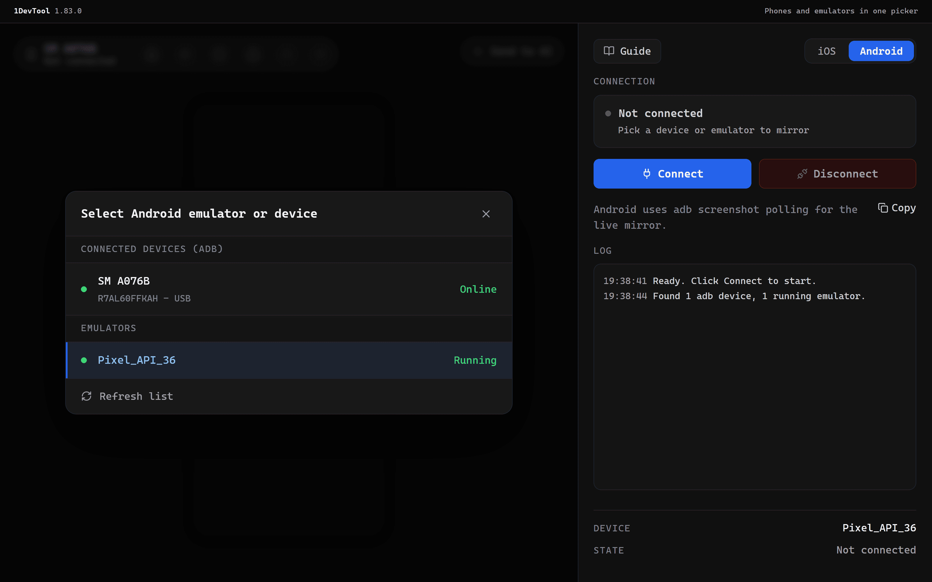 Connected devices (adb) 아래에 SM A076B 휴대폰이 Online으로 표시되고 그 위에 Pixel_API_36 에뮬레이터가 있는 Android 에뮬레이터 또는 기기 선택기