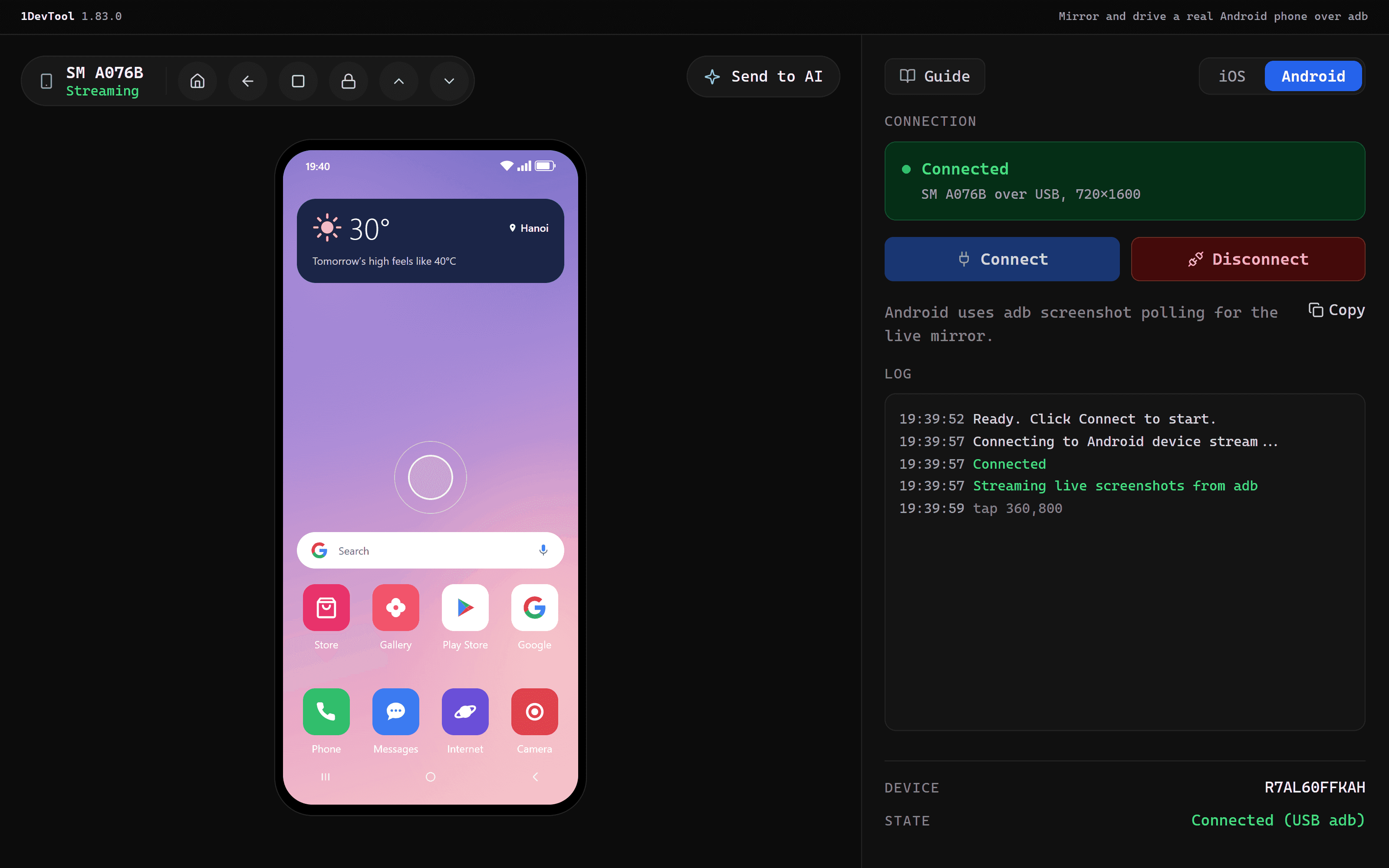 Mirror and drive a real Android phone from your workspace