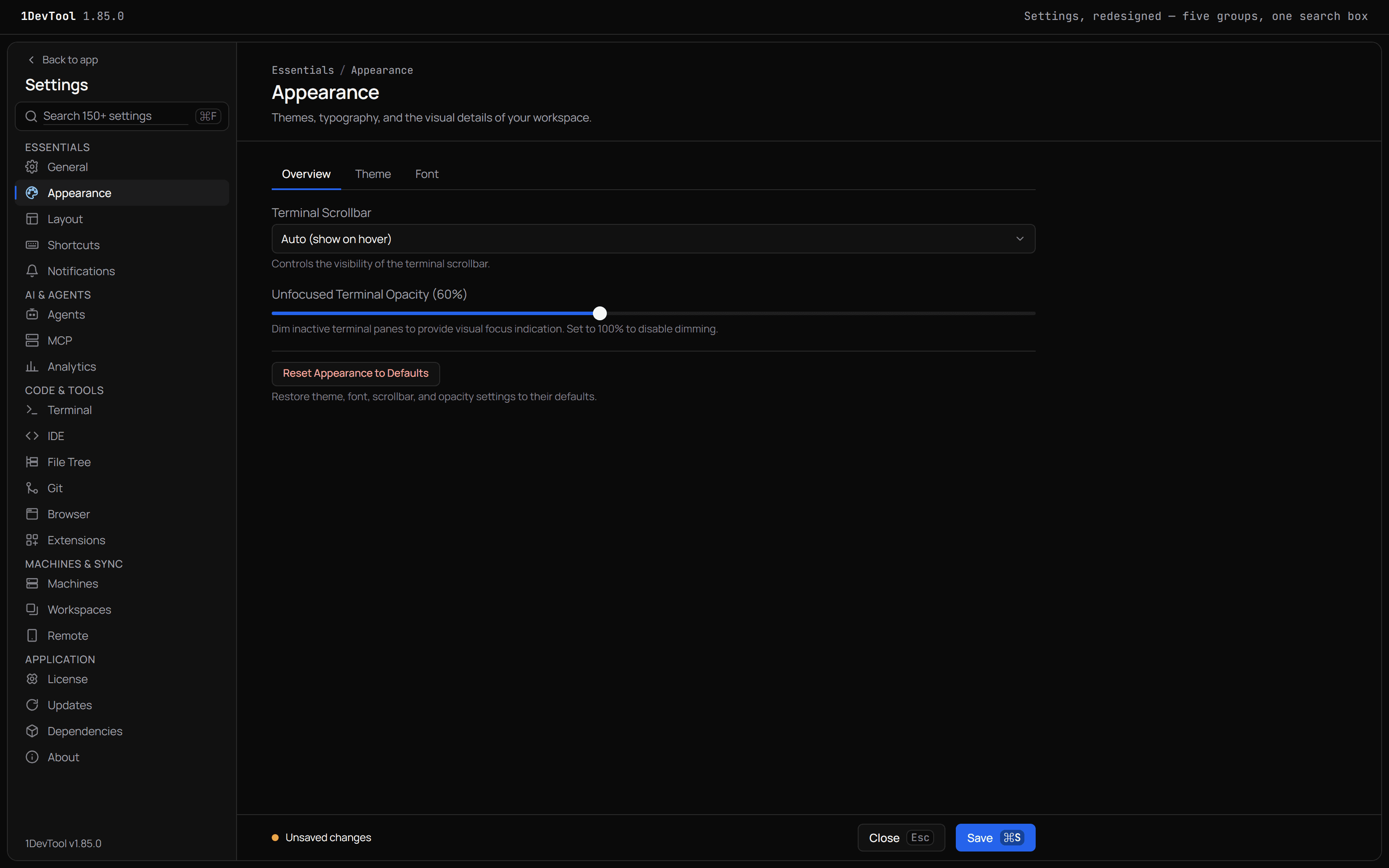 The Settings window with the sidebar in five groups, Essentials, AI & Agents, Code & Tools, Machines & Sync and Application, and the search box at the top