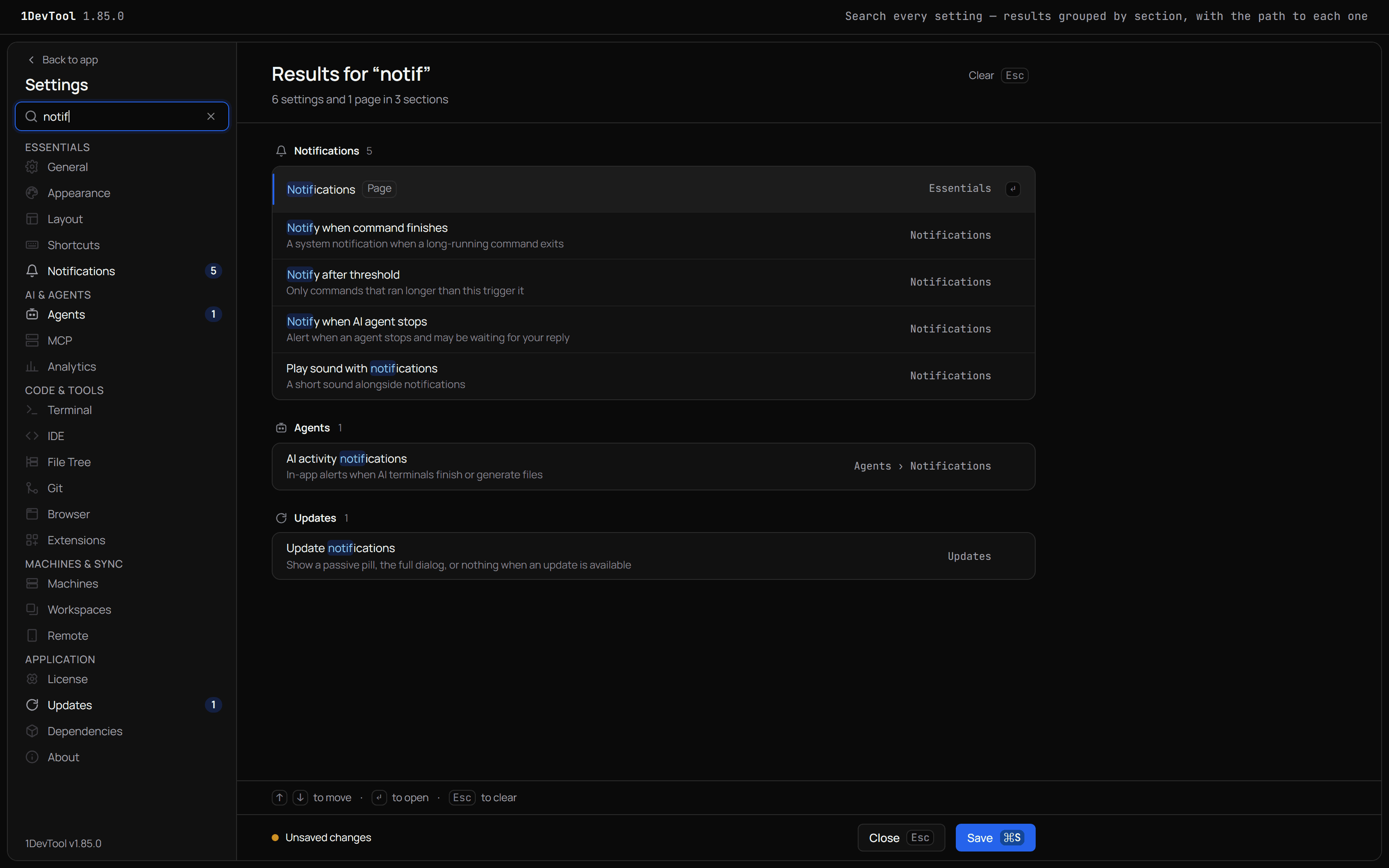 Find any setting by typing, and see each account's quota in the pane