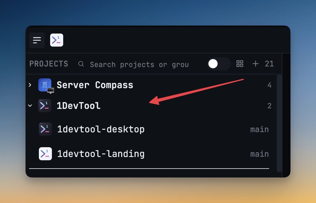 Stop scrolling your sidebar: nested project groups and search arrive in 1DevTool