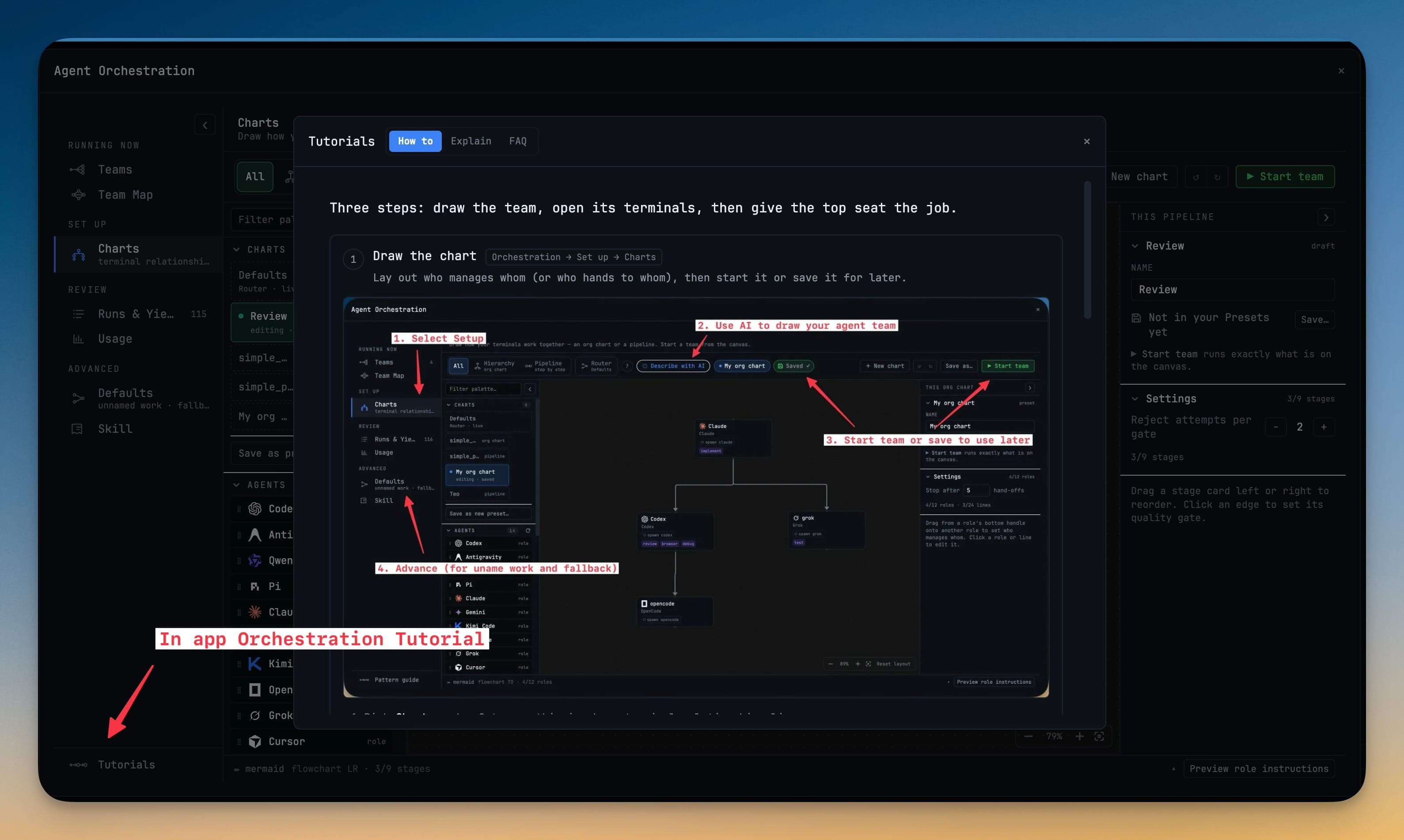 The in-app Tutorials panel walking through Charts in three steps