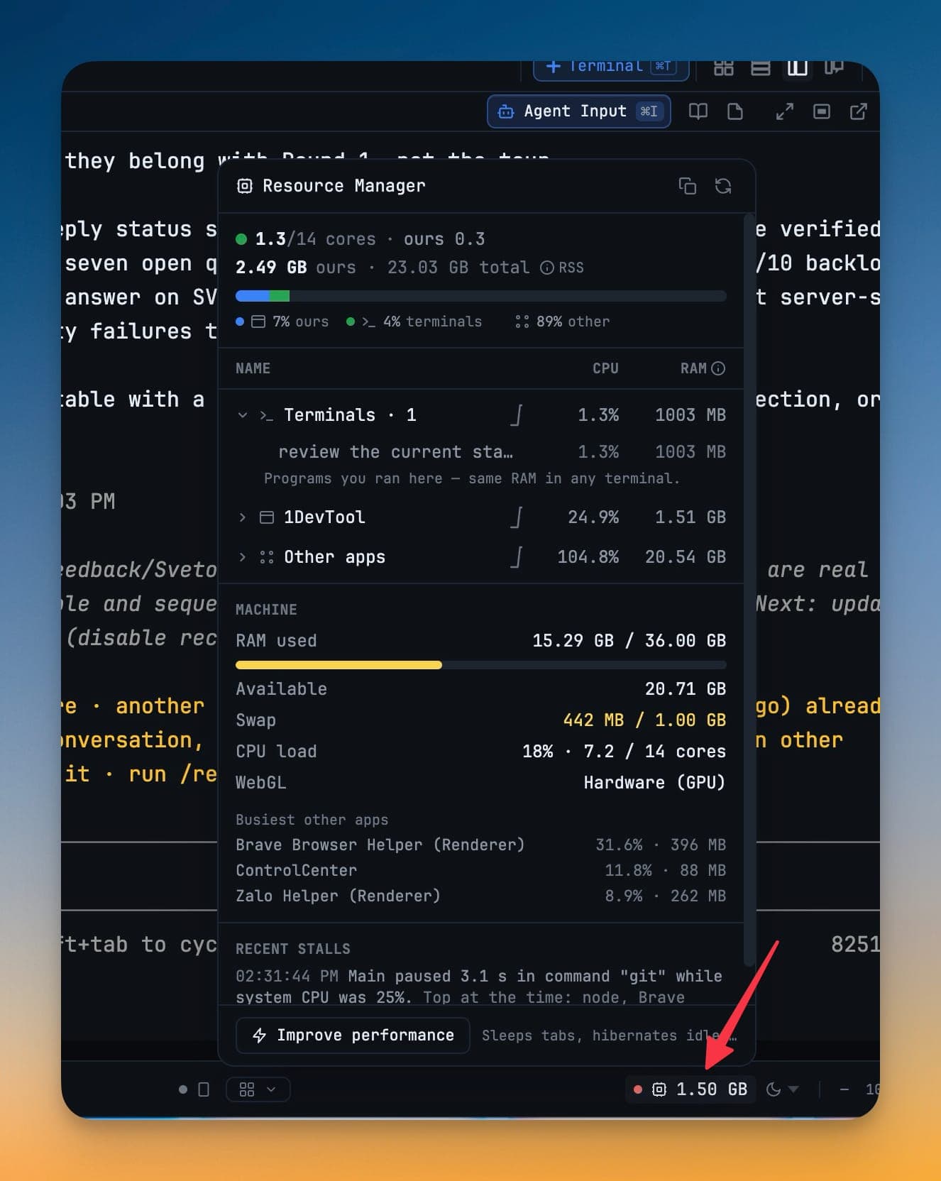 The Resource Manager panel splitting the machine into 1DevTool, Terminals and Other apps with their own CPU and RAM, above the Machine readings, a Busiest other apps list, and a Recent stalls entry