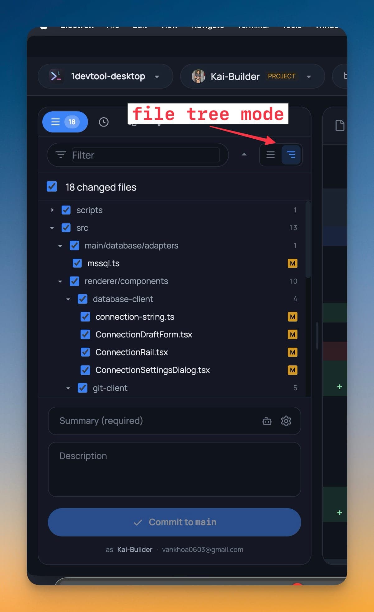 The Git Changes dialog in folder-tree mode, 18 changed files nested under scripts, src/main/database/adapters and renderer/components with a per-folder staging checkbox on each directory row