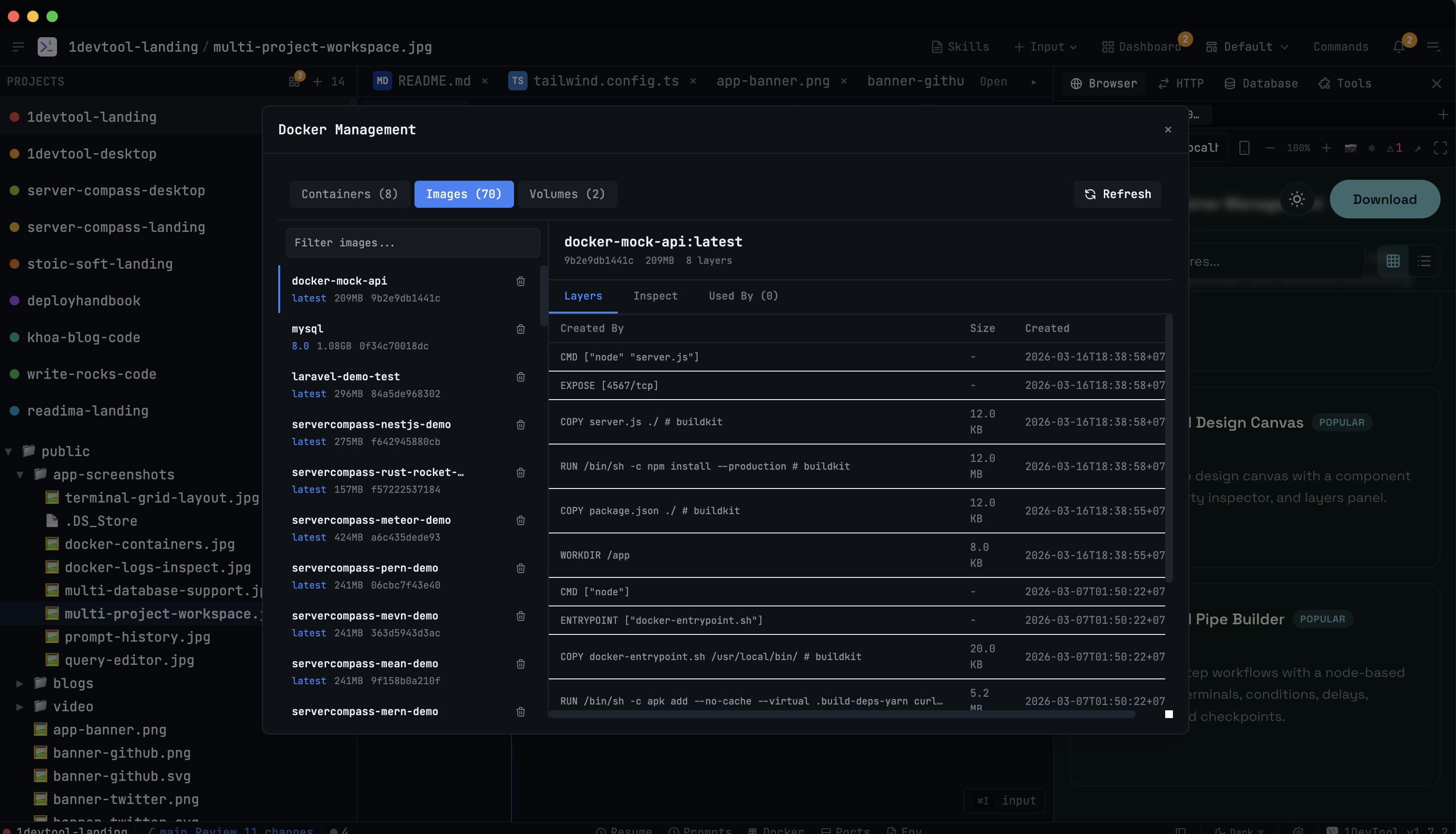Docker images and volumes management view