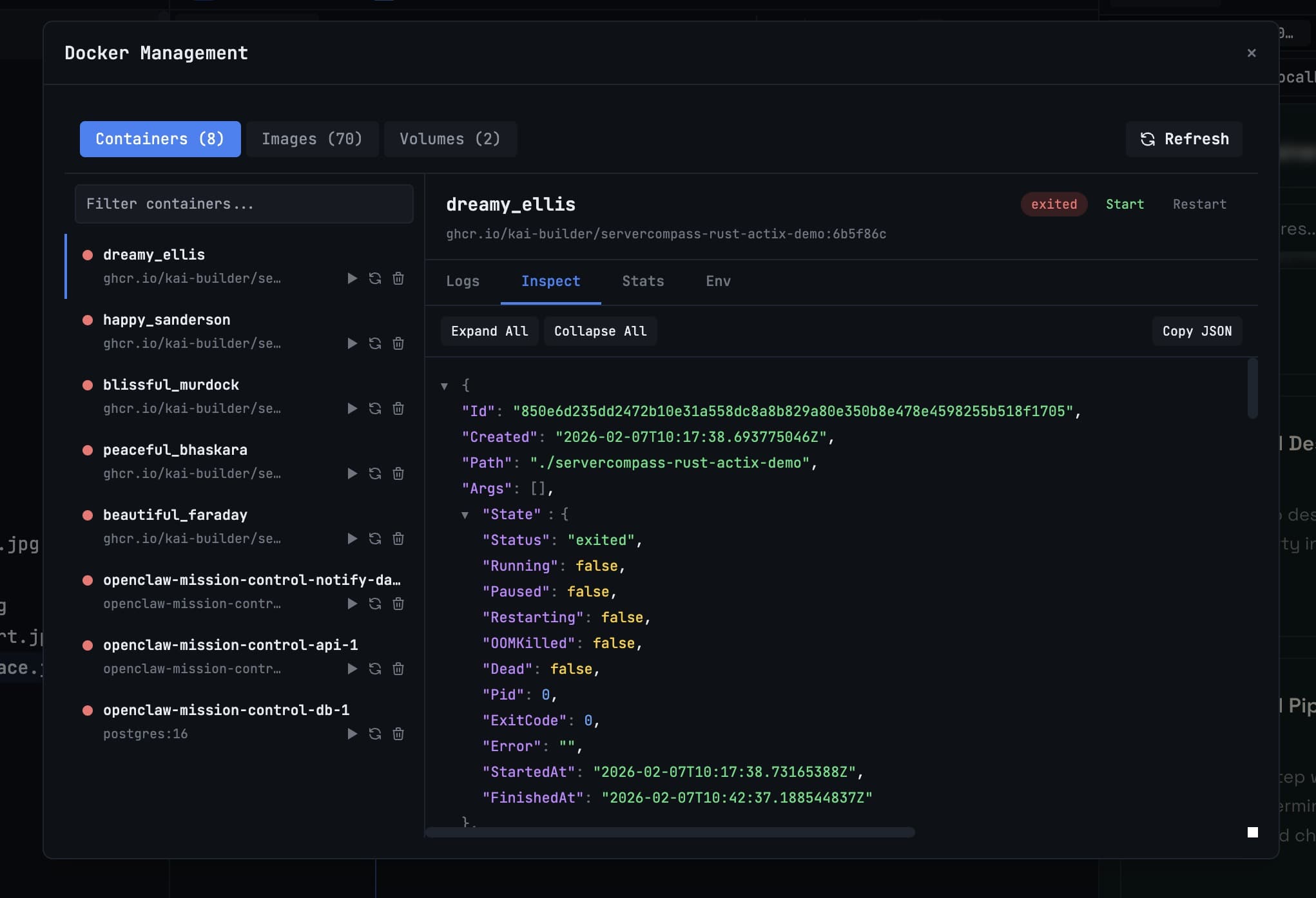 Docker log inspector showing filtered container logs