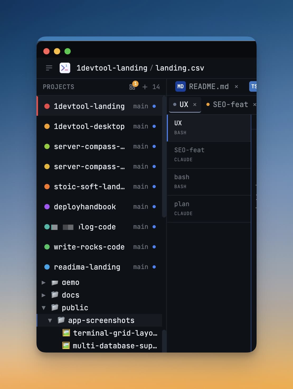 Multi-project workspace consolidating coding tools in one window