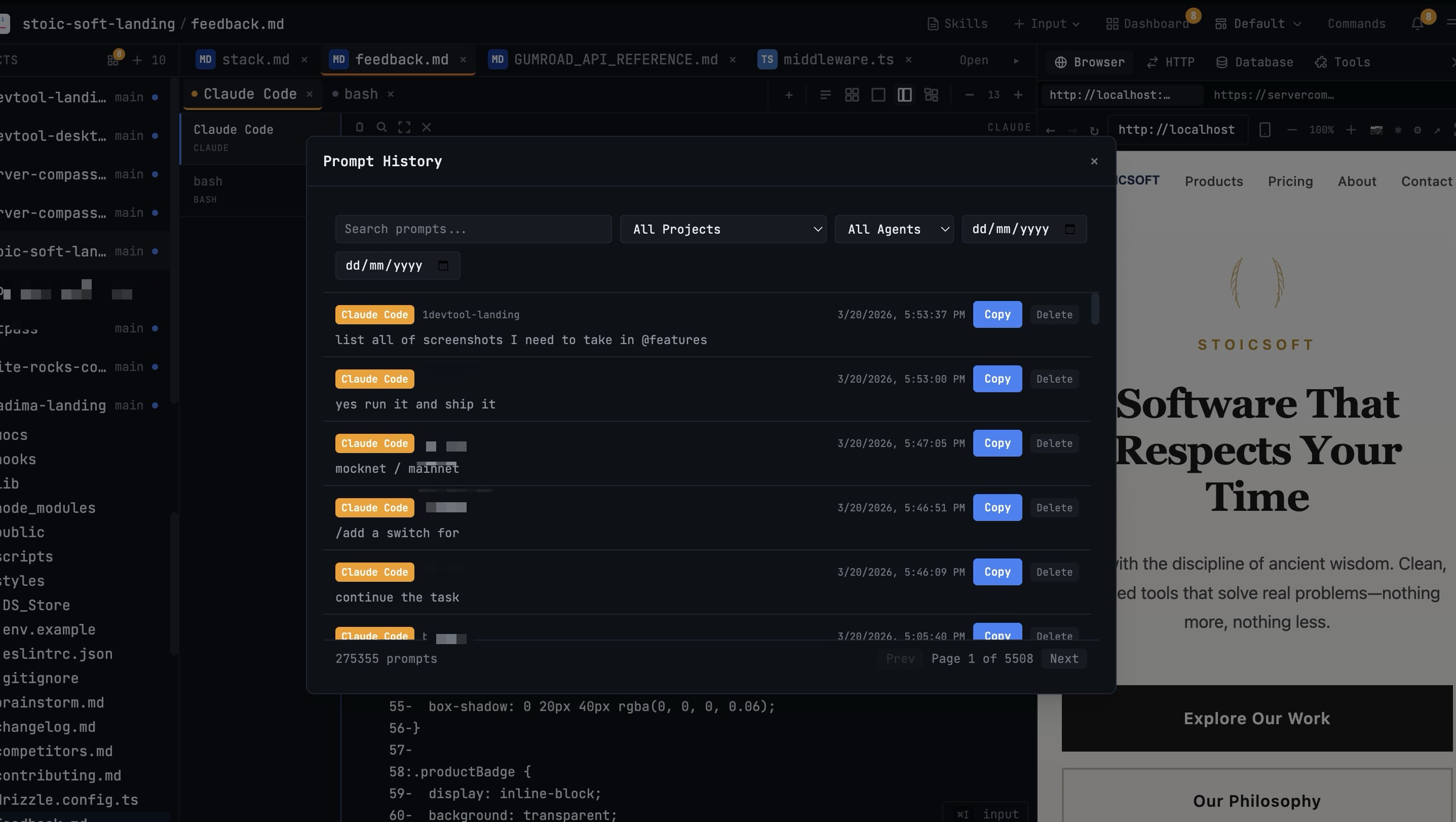 Prompt history panel with searchable AI prompt records