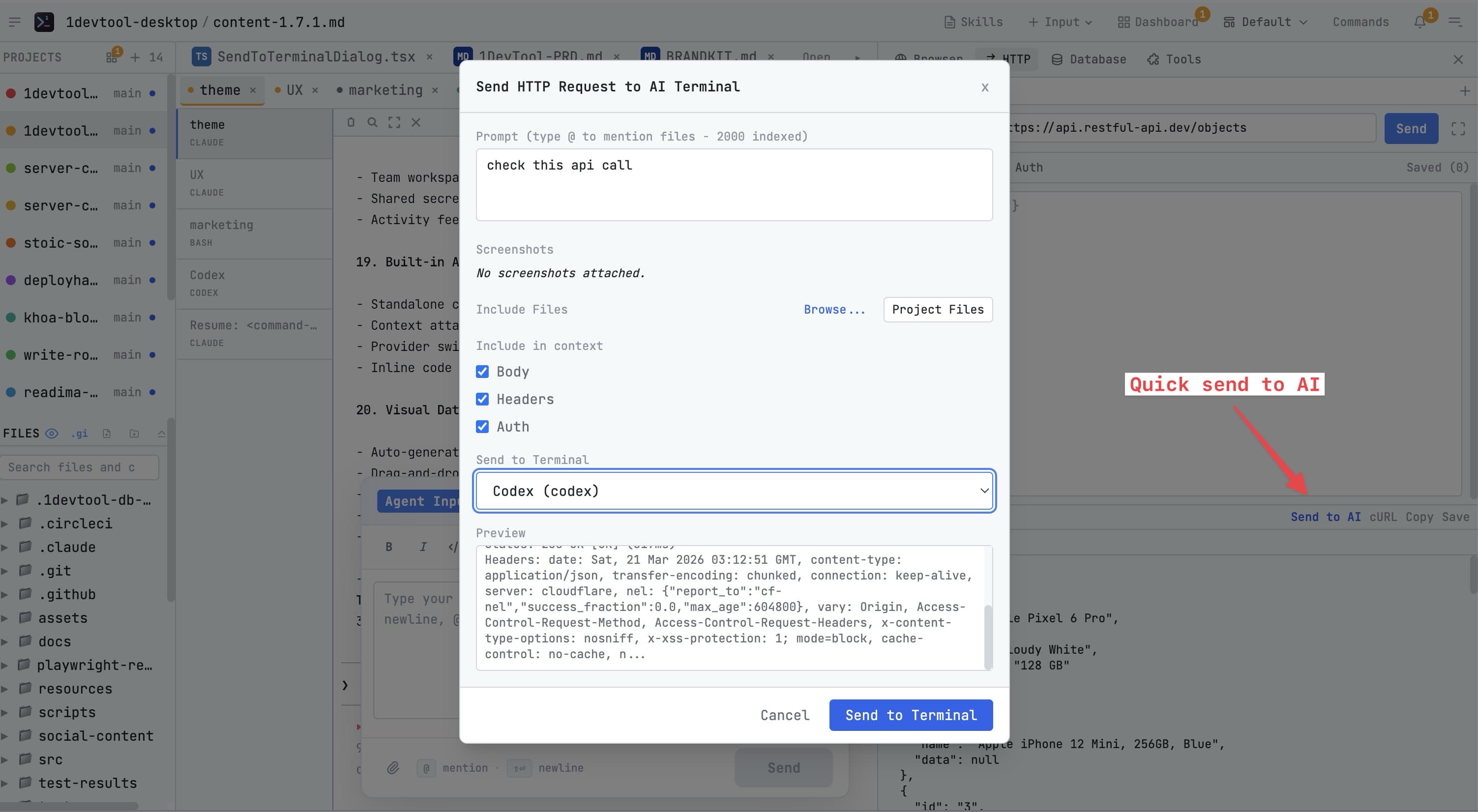 Response inspector showing status code, headers, and JSON payload