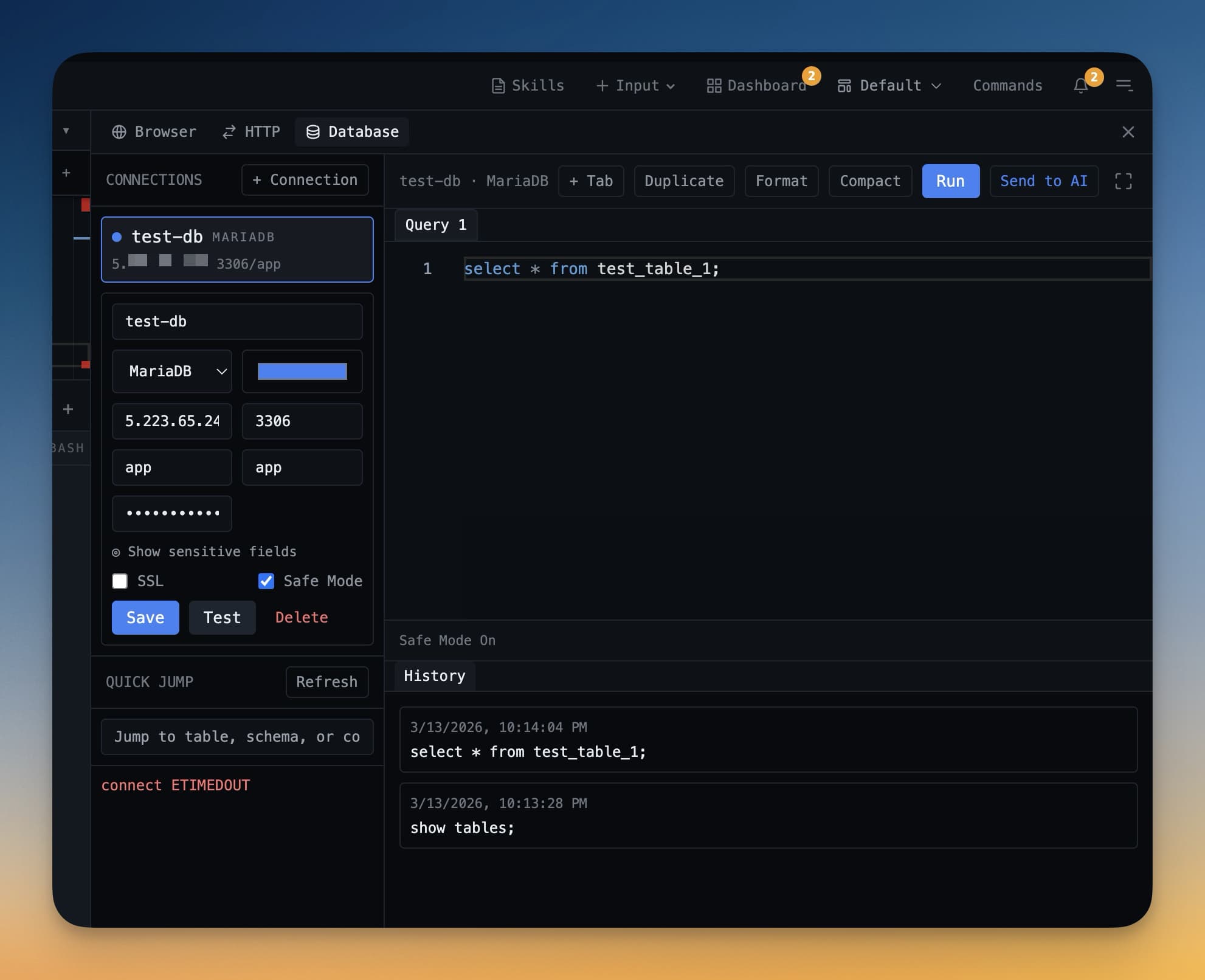 Database schema browser showing tables and columns