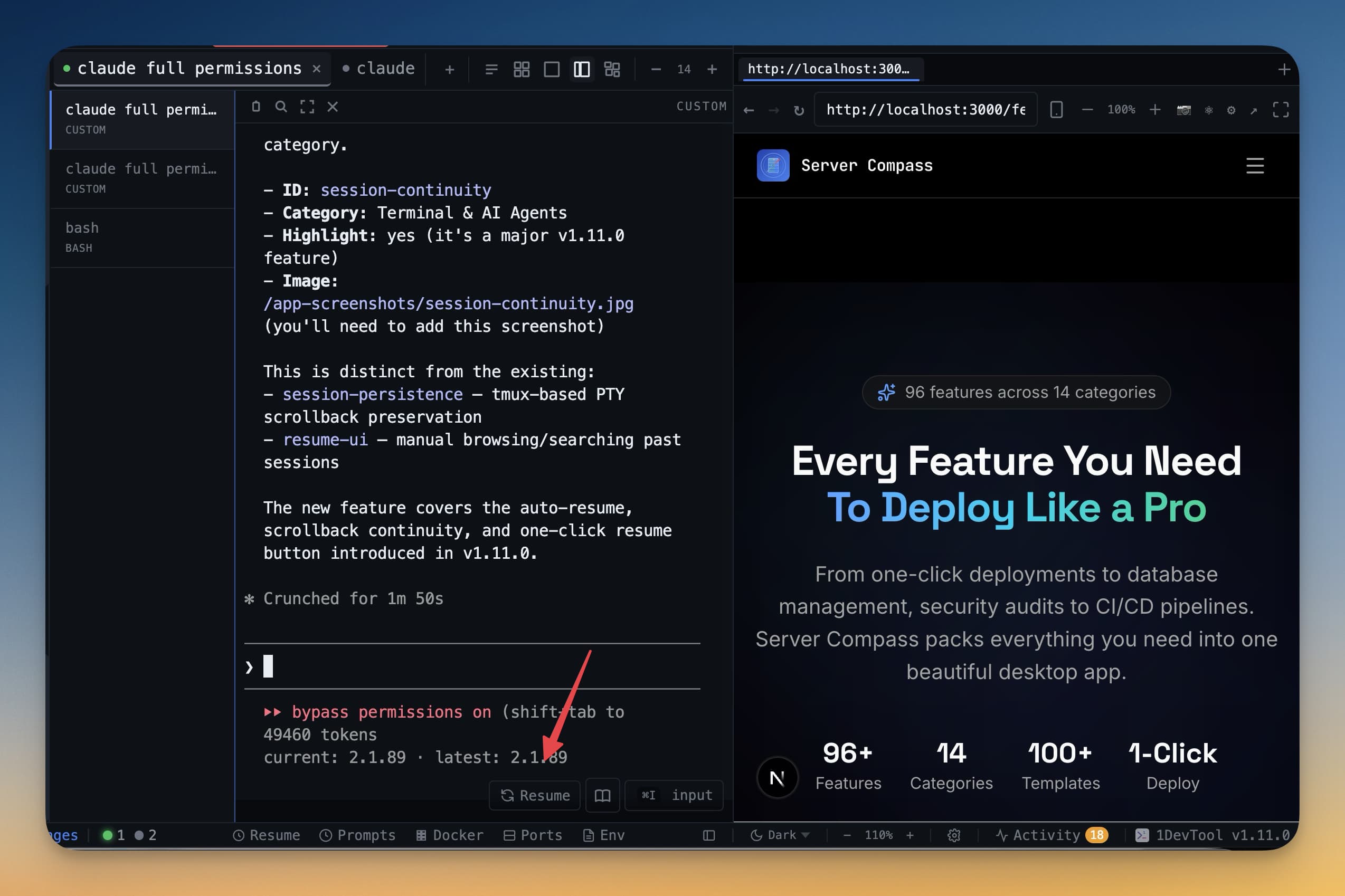 Session continuity flow for resuming previous AI coding sessions