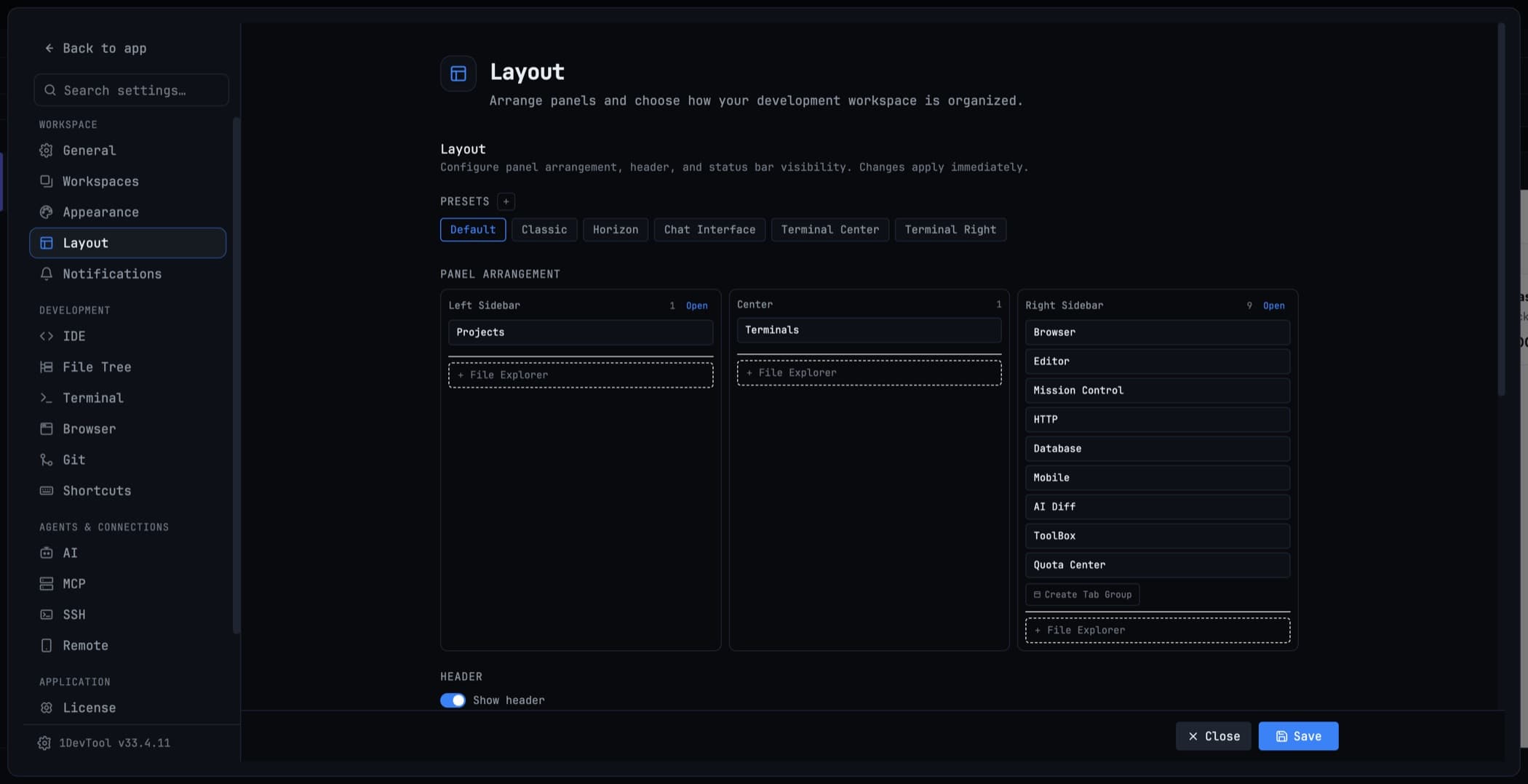 Layout settings