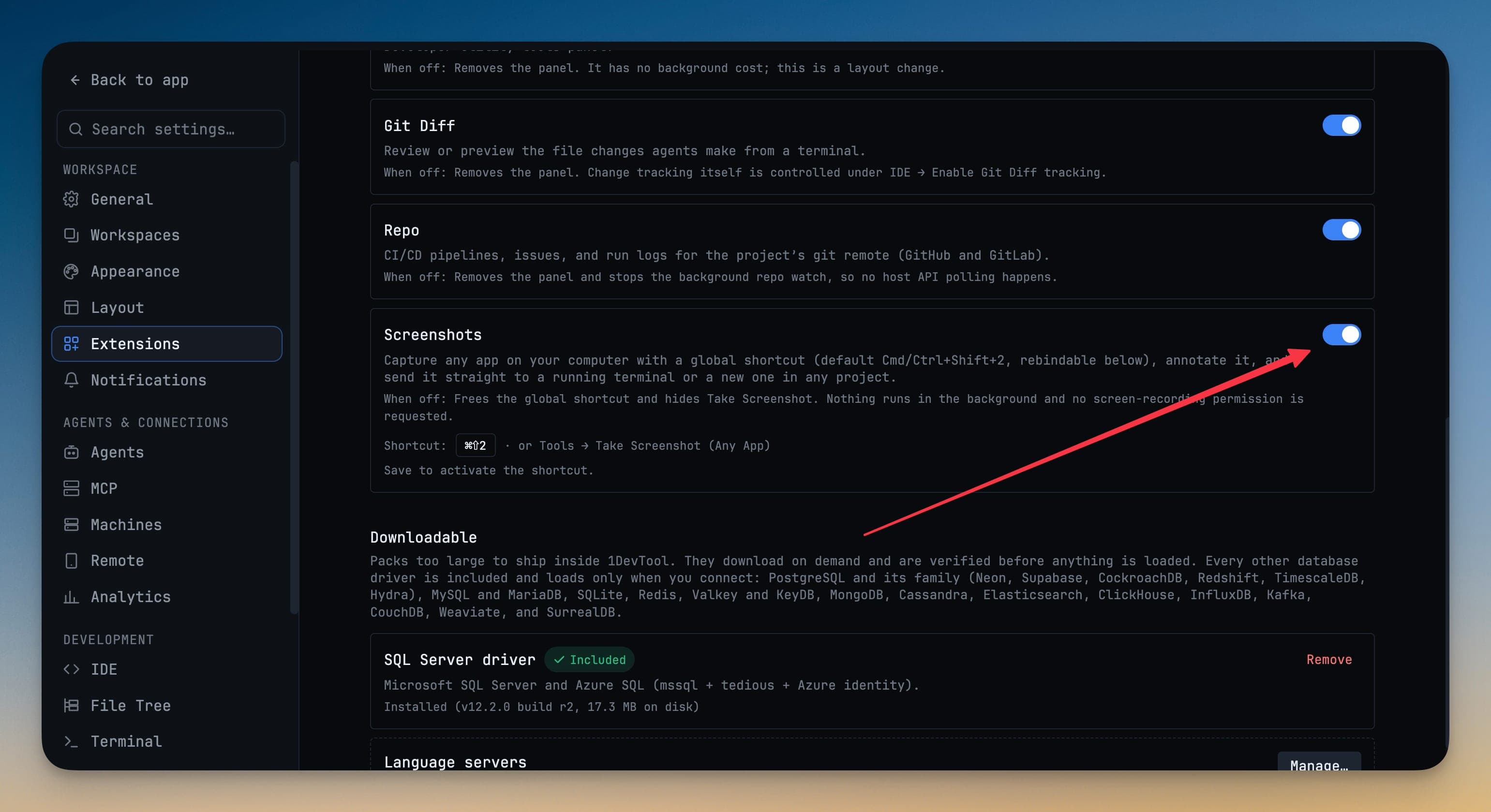 Settings → Extensions, jossa Screenshots-kytkin on päällä ja muutettavissa oleva ⌘⇧2-pikanäppäin Tools → Take Screenshot (Any App) -kohdan vieressä