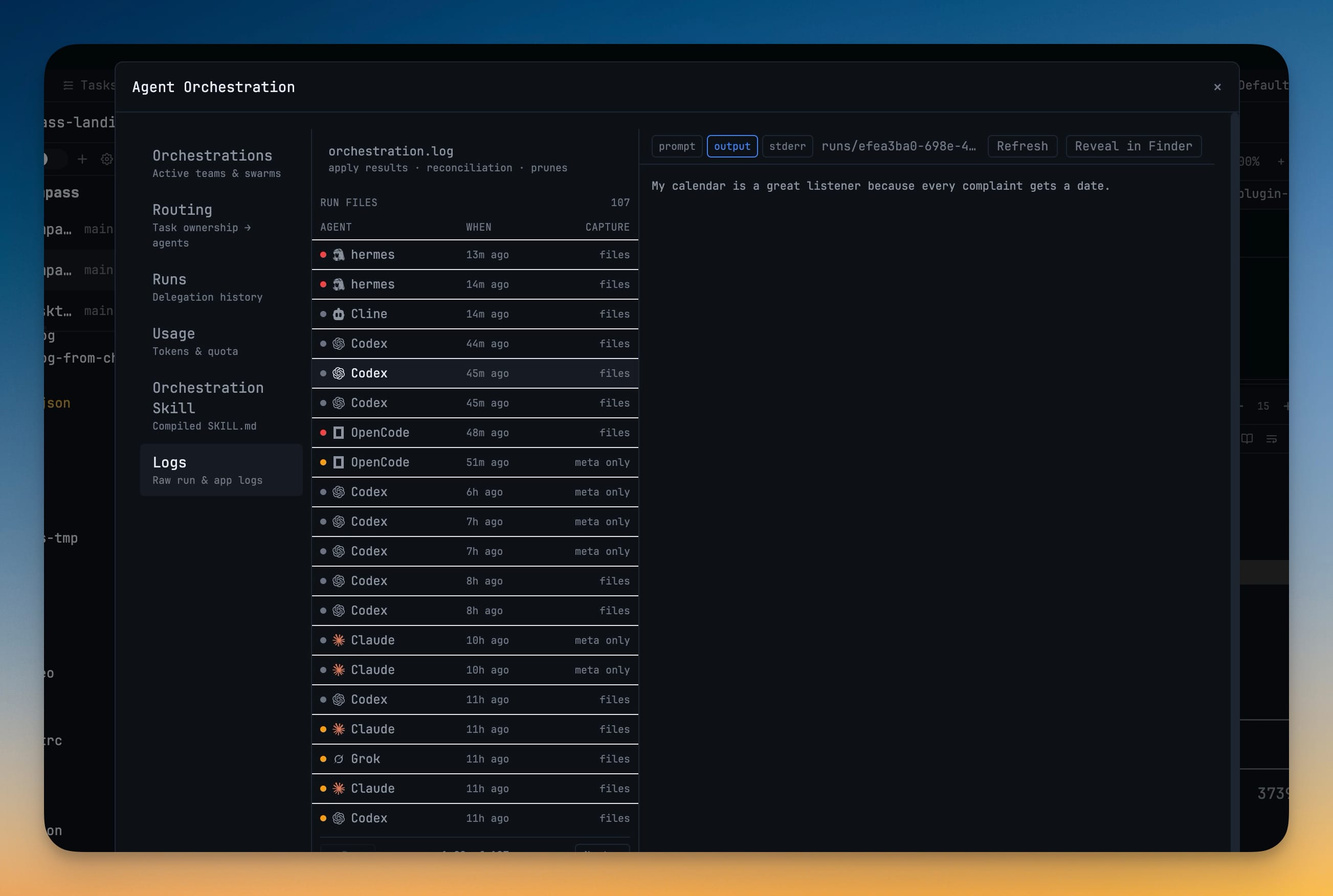 The Logs tab of the Agent Orchestration dashboard, listing raw run files per agent with a prompt, output, and stderr viewer