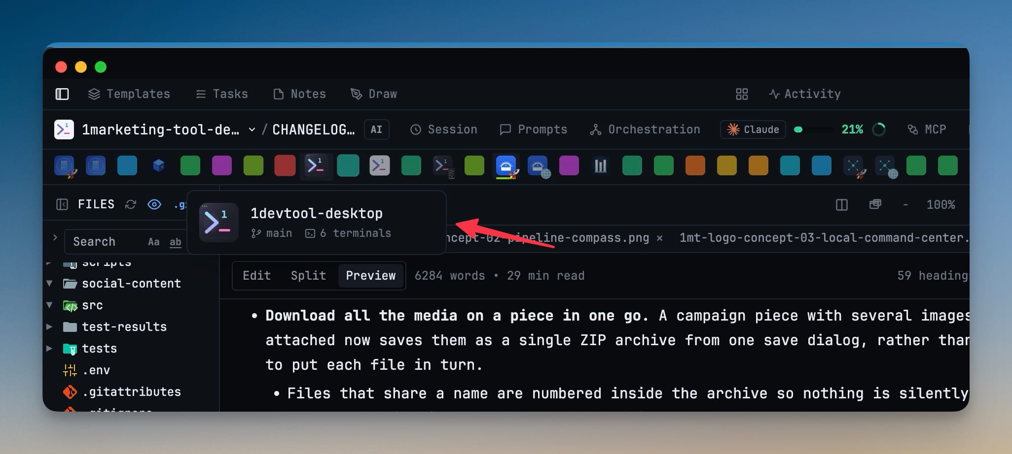 A hover card under a project icon in the Horizon strip showing the project name 1devtool-desktop, its git branch main, and 6 terminals