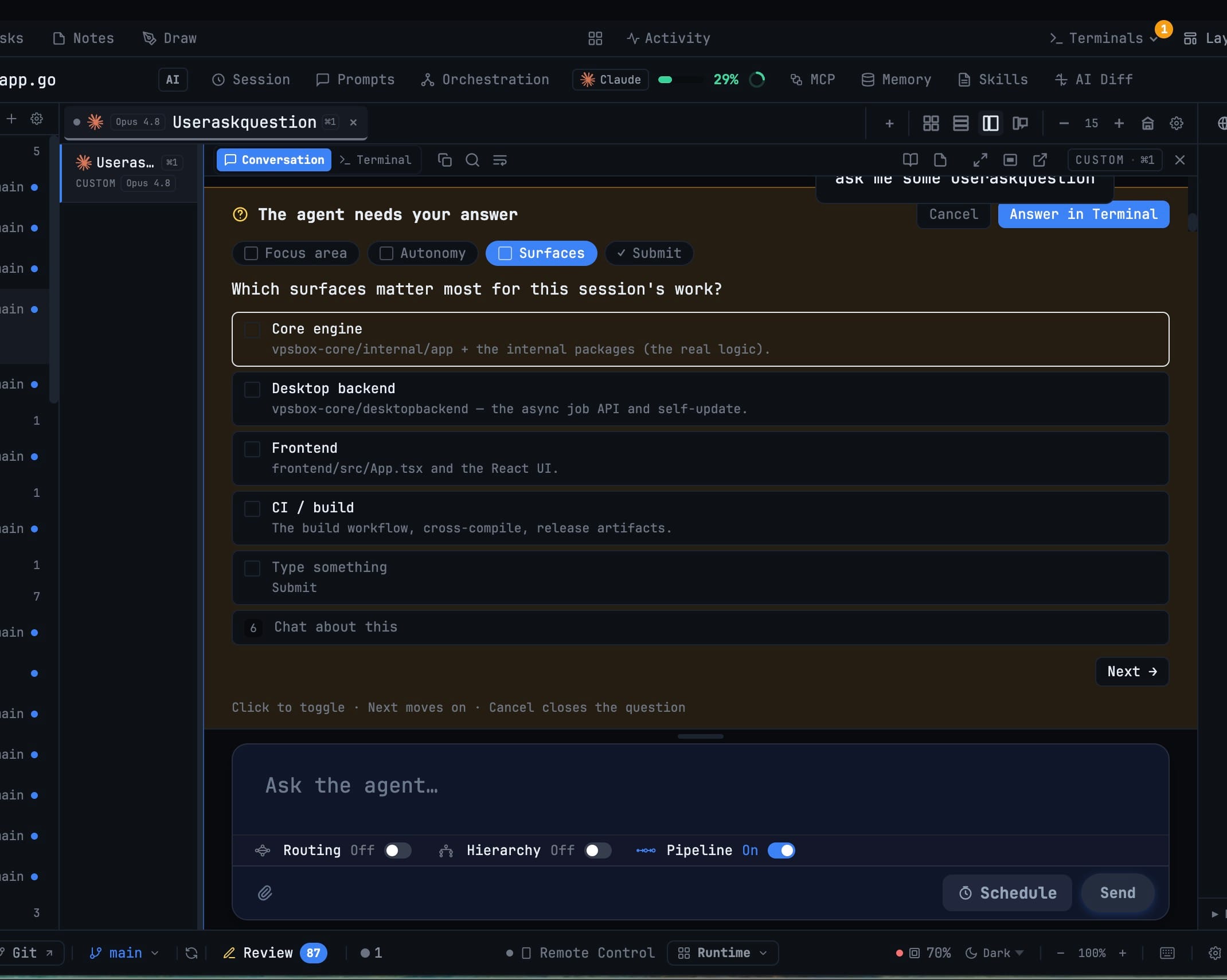 The Conversation answer card in multi-select mode with checkboxes for Core engine, Desktop backend, Frontend and CI/build and a Next button