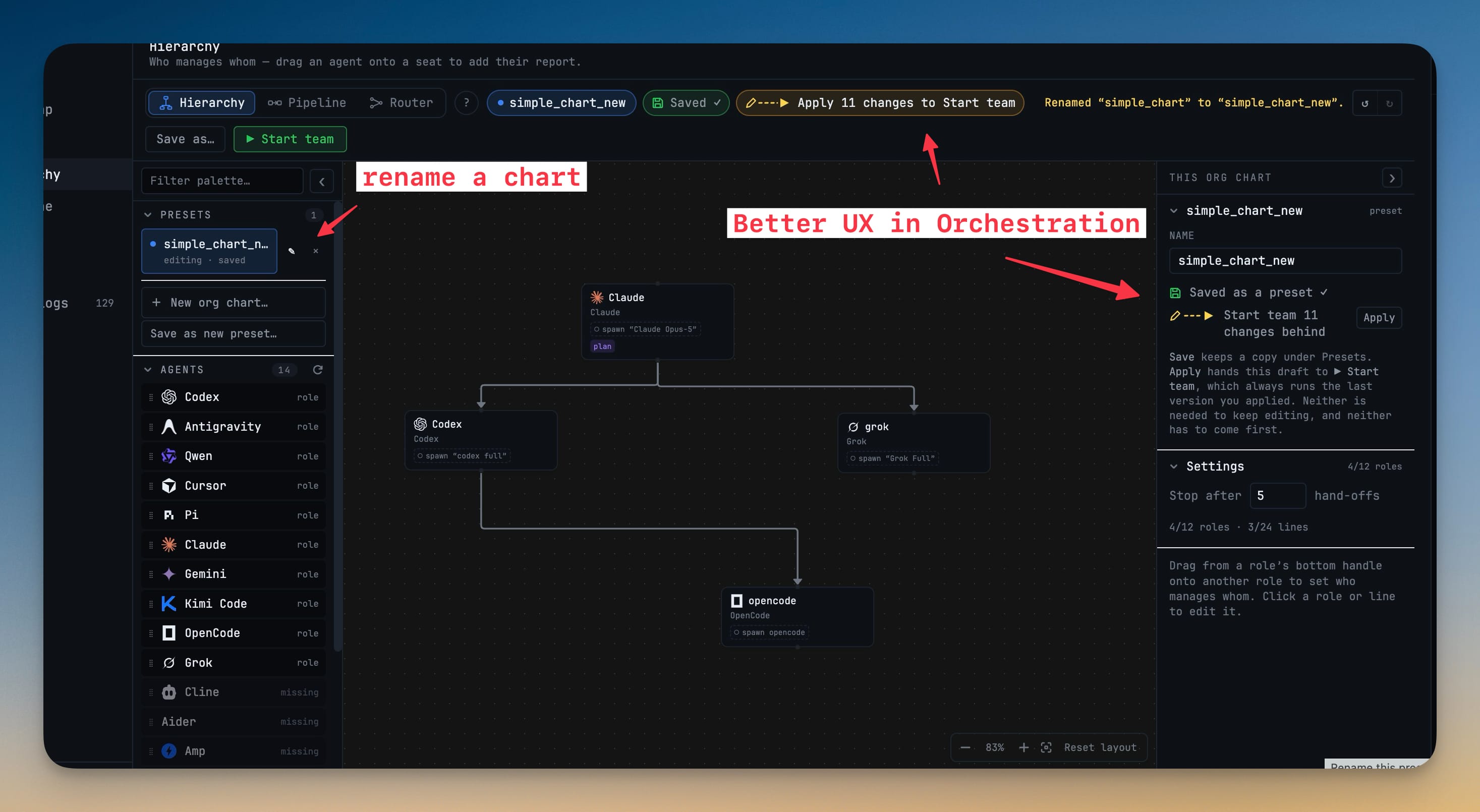 Orchestration Builder Hierarchy view with the chart named simple_chart_new, a Saved chip, an Apply 11 changes to Start team chip, and a side panel showing saved-as-preset and changes-behind state
