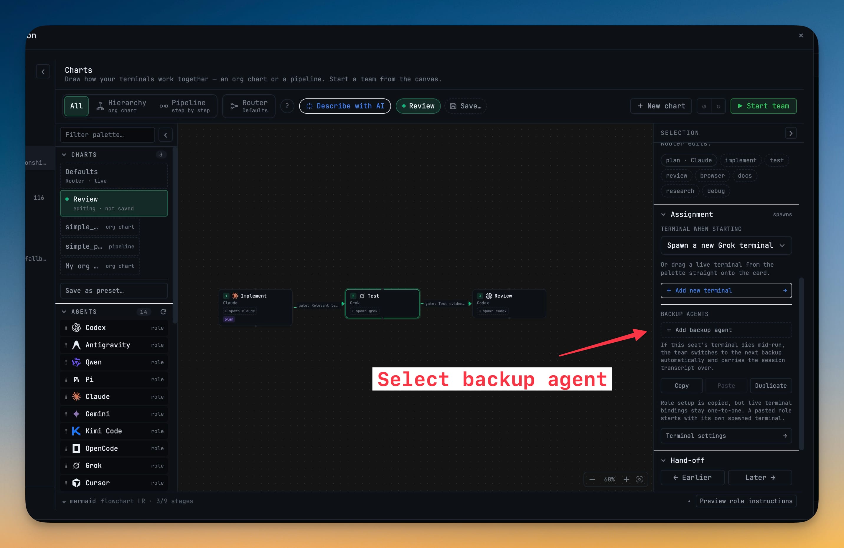 The Add backup agent button in a seat's Assignment panel in the Charts builder — where you stack up to three ordered backups behind the seat's primary agent