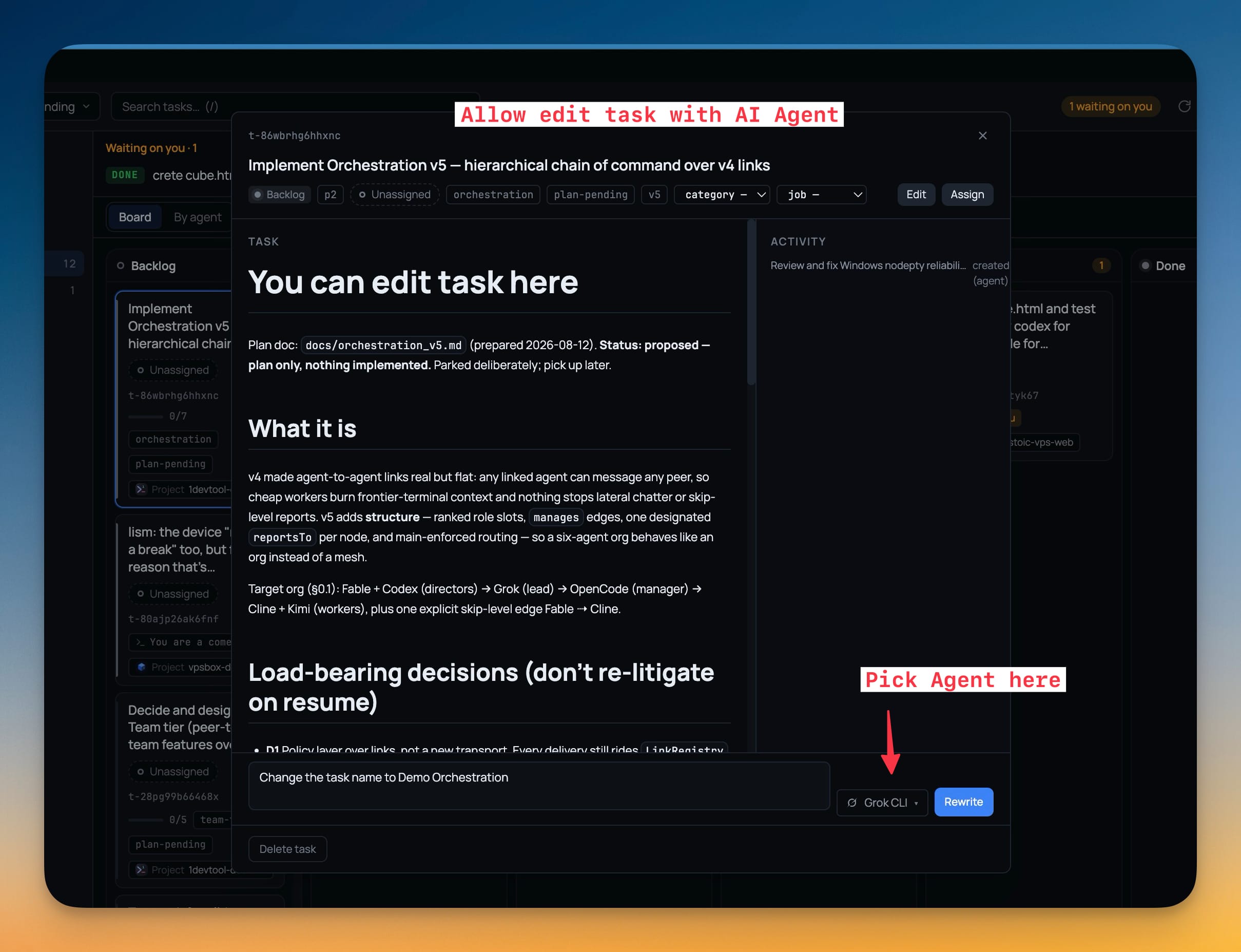 A task's Rewrite with AI bar with the instruction 'Change the task name to Demo Orchestration', an agent picker set to Grok CLI, and a Rewrite button