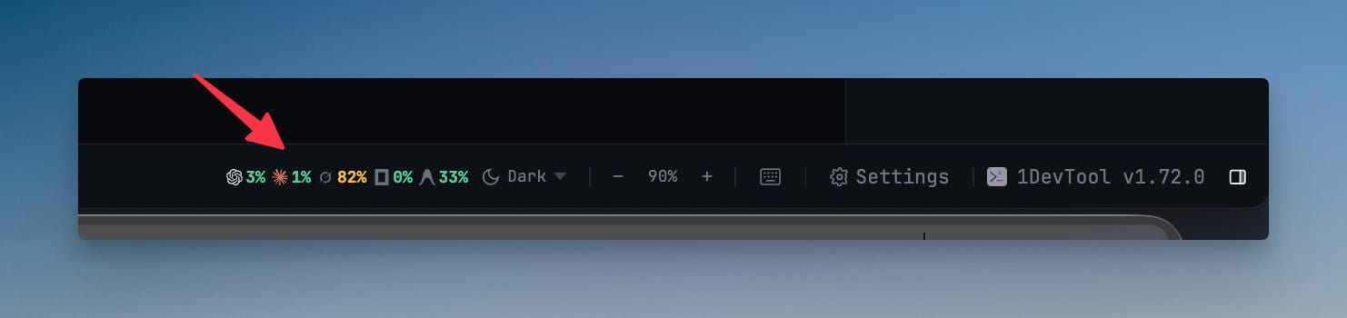 The status bar's plan quota strip showing a logo and remaining percent for each open agent next to the theme, zoom and Settings controls, with the 1DevTool version at the right