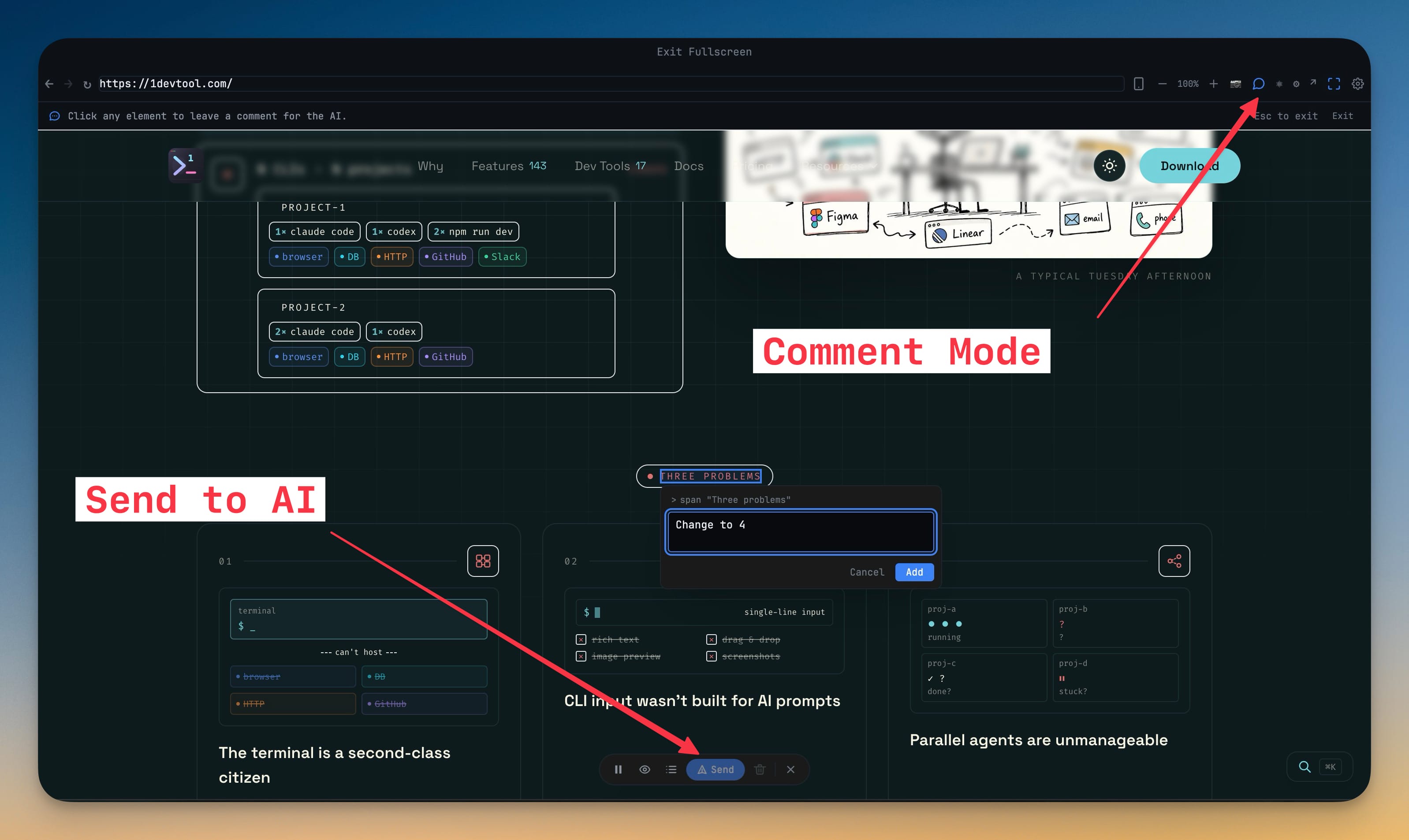 Browser panel in comment mode with a numbered pin attached to a highlighted page element
