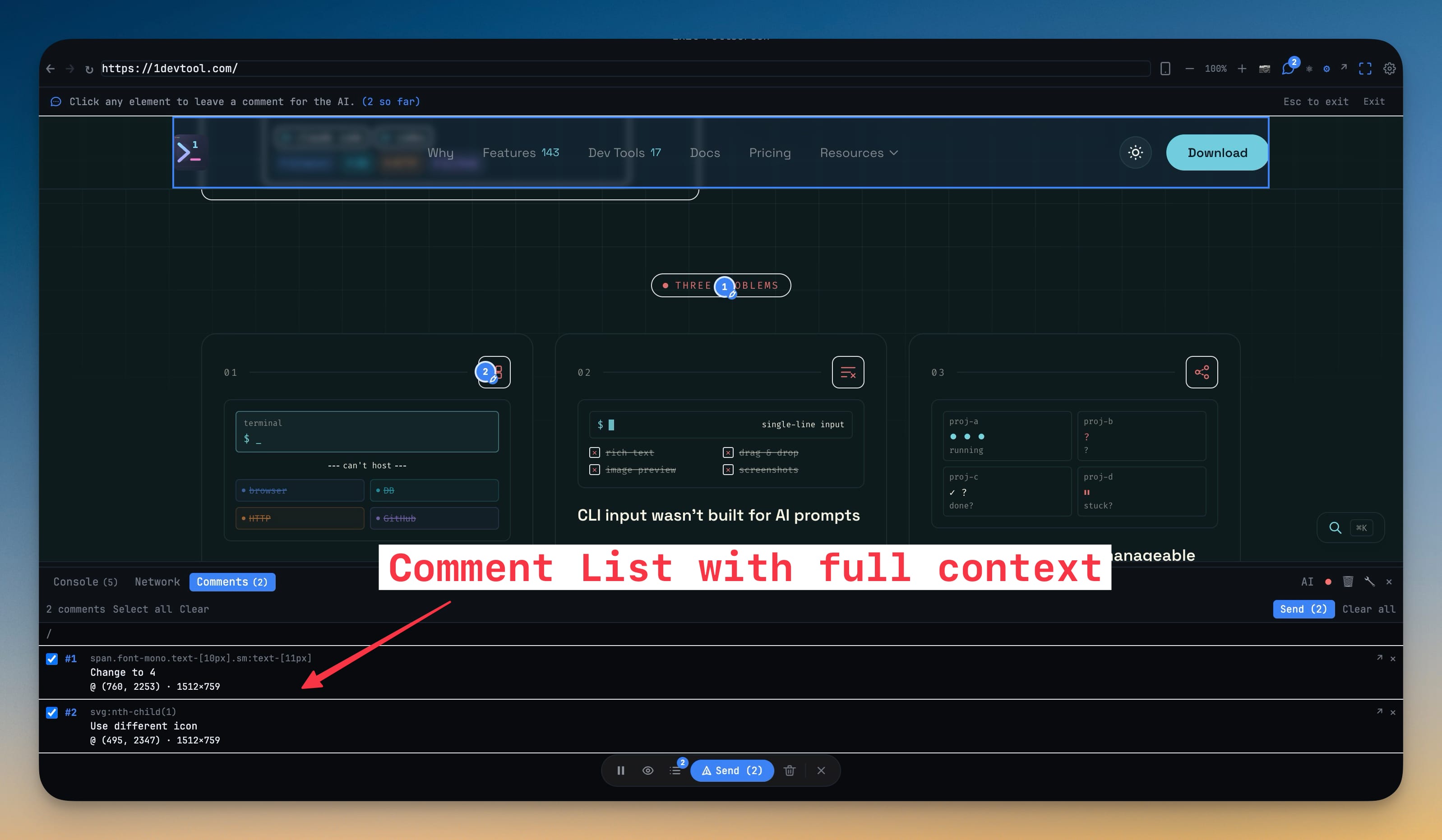 Comments tab grouped by page showing numbered notes with jump-to and delete controls