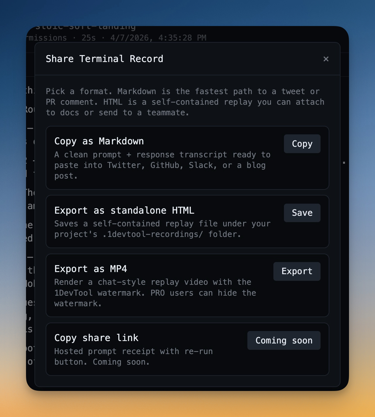 Terminal Record export dialog with Markdown, HTML, and MP4 options