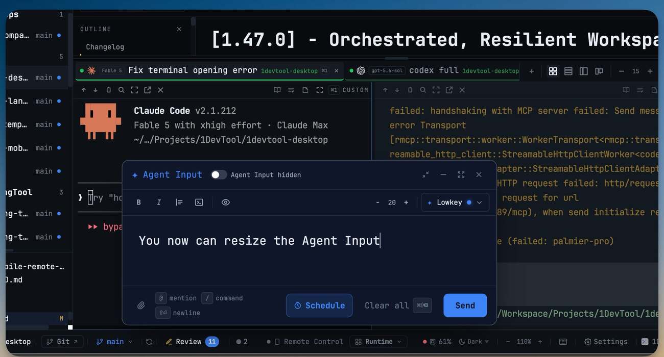 Agent Input — A proper text box for writing prompts — floating, resizable, with drafts, mentions, attachments, and a verified send.
