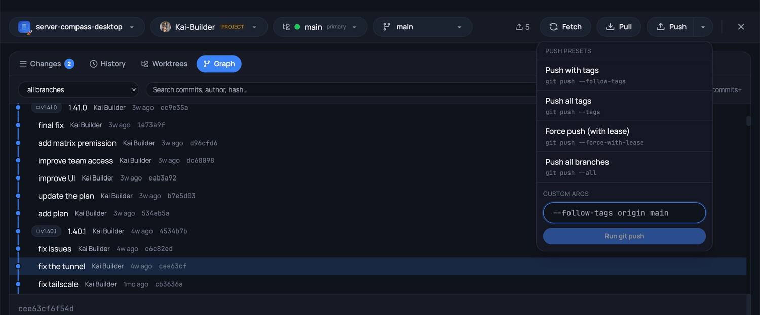 Commit & Push — Stage files, write a commit message by hand or with an AI agent, and push to your remote in a few clicks.