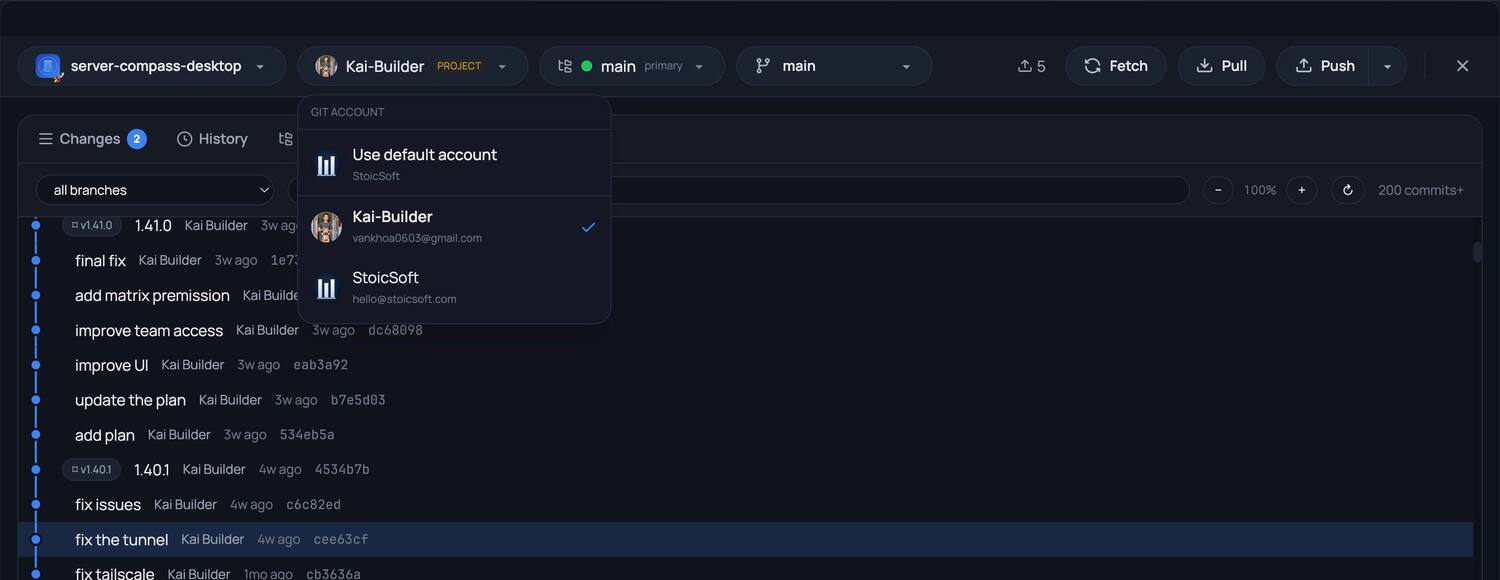 Git Accounts — Connect multiple GitHub, GitLab, or Bitbucket accounts and choose which one to use per repo.