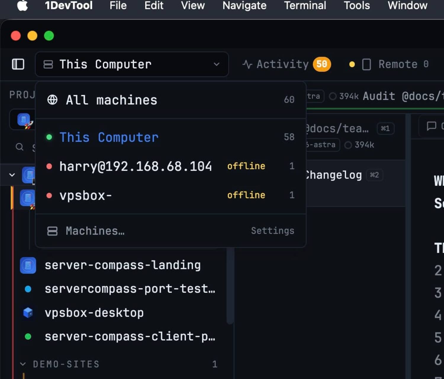 Machine Picker — One picker for every place a project can live — this computer, a paired desktop, or a server over SSH — with the terminals each one is running.