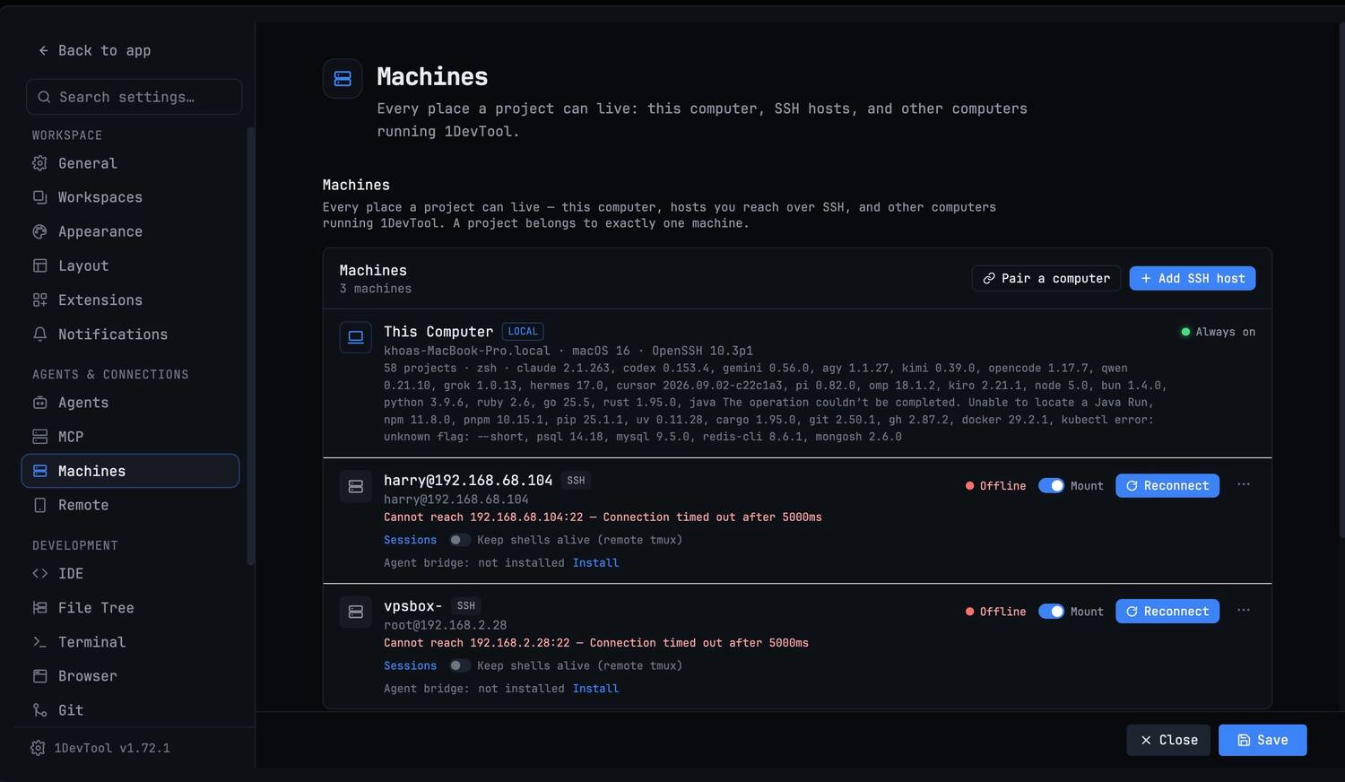 Paired Devices — Pair a second computer so its agents, terminals, and projects are usable from this one — with per-peer permissions and a fingerprint you both confirm.