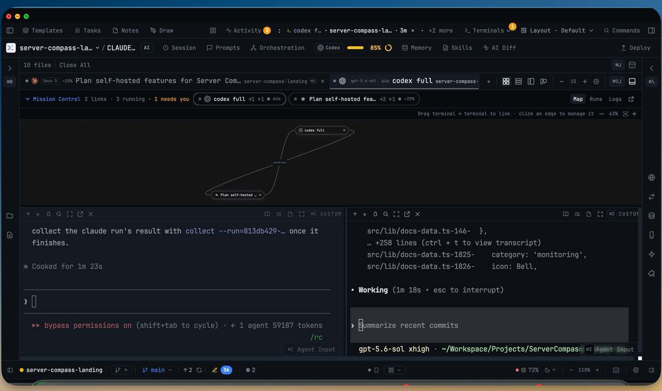 Mission Control — The orchestration cockpit that lives above your terminals — participants, counters you can act on, and one-click recovery.