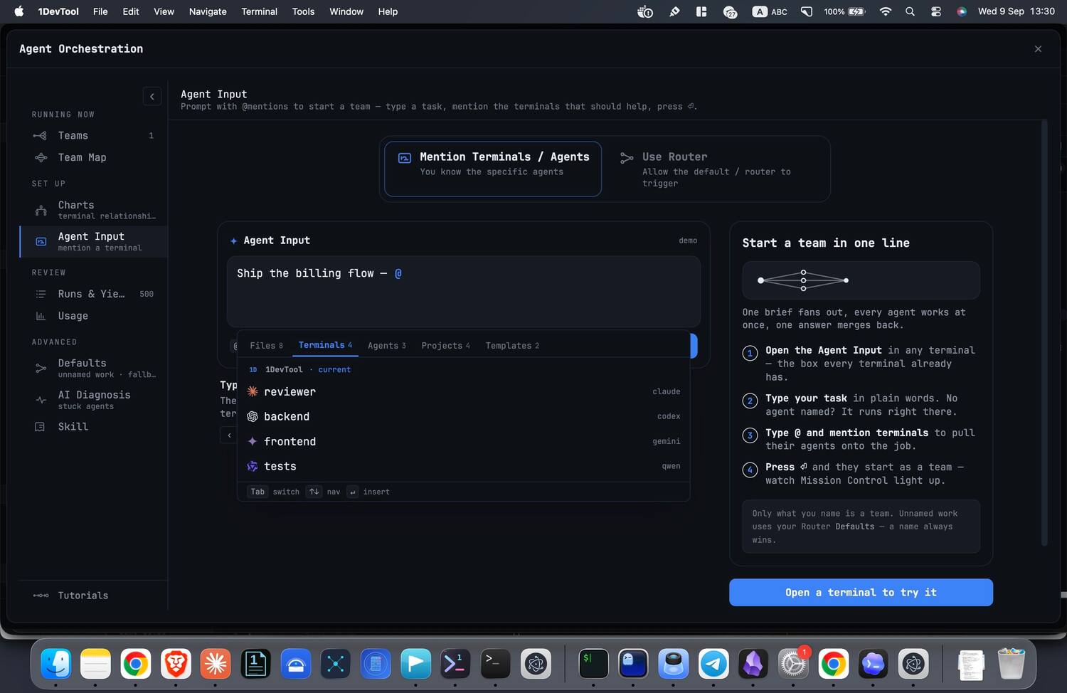 Orchestration Overview — Put several AI agents on one job — delegate to a terminal you already have open, form a team, or run a swarm of headless workers.