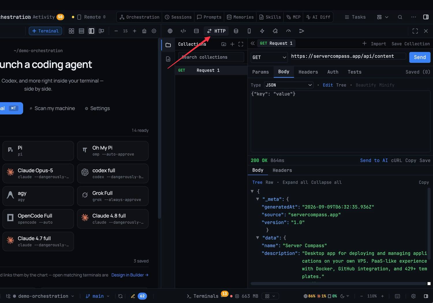 Send an HTTP Request — Test any API endpoint in seconds — type a URL, add headers, click Send.