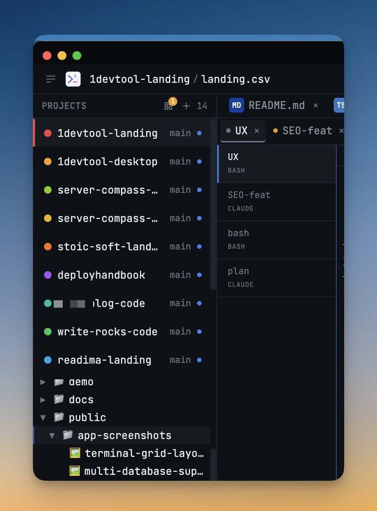 Projects Sidebar — Manage projects, switch codebases instantly, and stay organized with color-coded icons.
