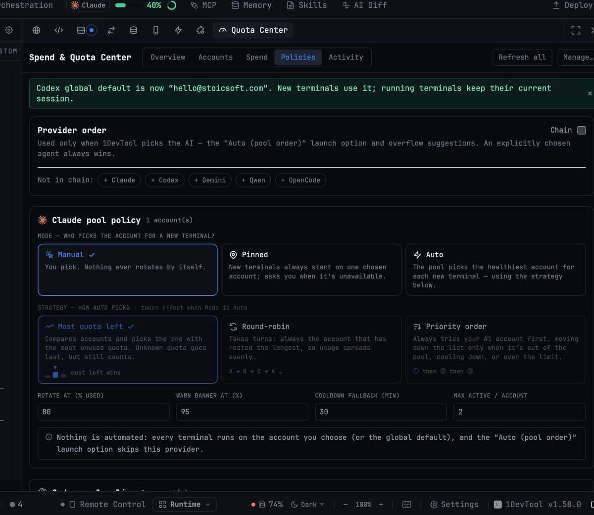 Spend & Quota Center — Every AI account you own in one panel — remaining headroom, spend by agent, account pools that pick which account a terminal starts on, and an audit log.