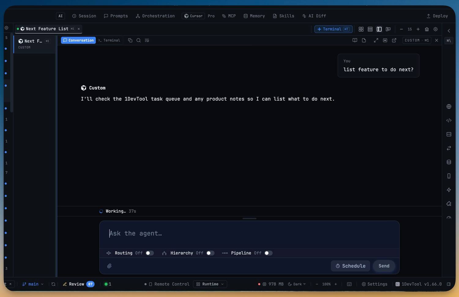 Conversation Mode — Read a running agent as a chat instead of a screen scrape — turn by turn, with a composer where the terminal prompt used to be.