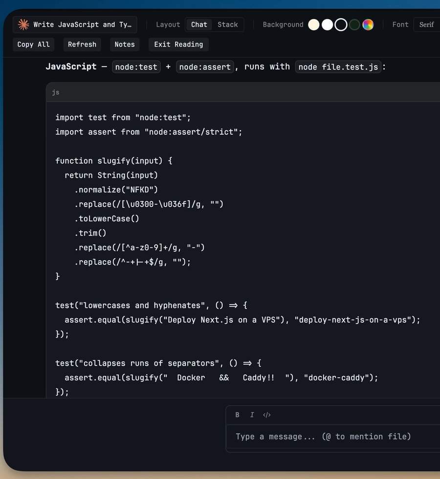 Reader Mode — Read an agent's conversation as a document instead of a terminal dump — with a live terminal in a resizable split beside it.