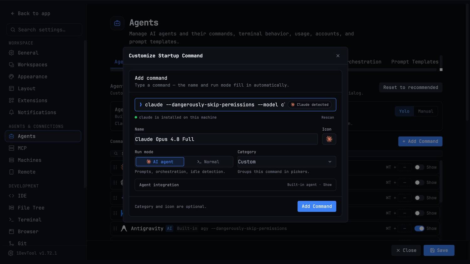 Add a Terminal — Create terminal panels for any shell or AI agent in seconds — one at a time, or a whole line-up at once.