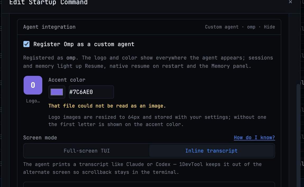 Custom Agents — Register any coding CLI as a first-class agent — with its own logo, resumable sessions and memory files — without waiting for a 1DevTool release.