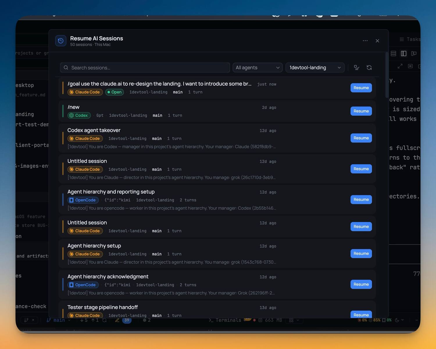 Resume AI Sessions — Browse past conversations from every agent and pick up exactly where you left off — including a whole team at once.