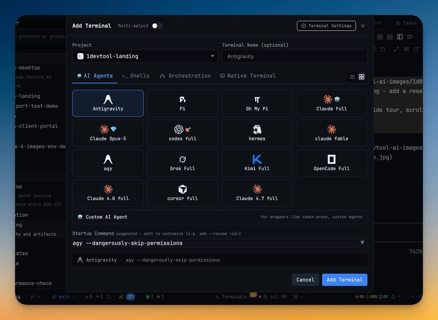 Run an AI Agent — Start any supported coding agent — Claude Code, Codex, Gemini, Grok, Antigravity and more — and watch it build your project.