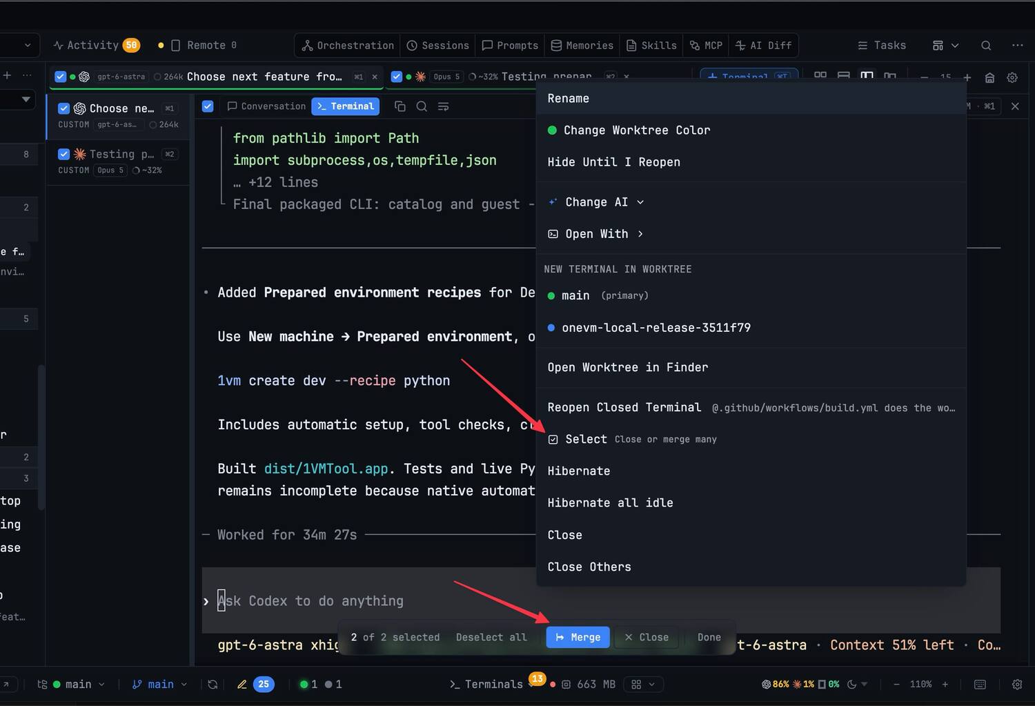 Select & Merge Terminals — Tick several terminals at once, then combine their agent transcripts into a single briefed agent or close them together.